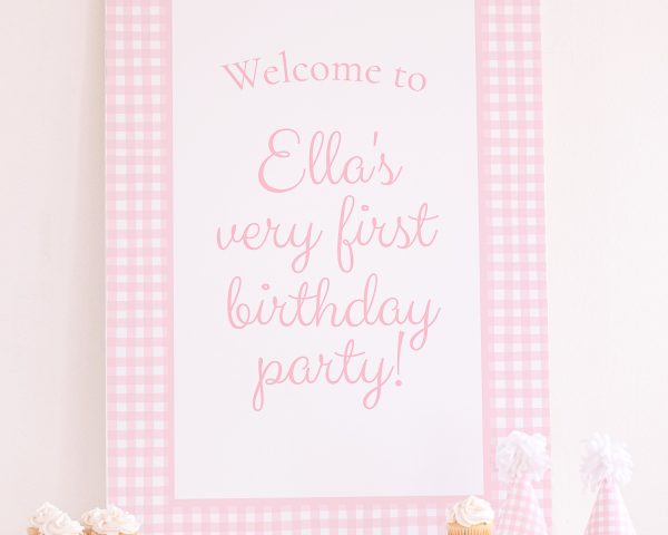 Watercolor Pink Gingham Birthday Welcome Sign by Pretty Plain Paper