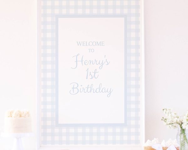 Watercolor Blue Gingham Welcome Sign by Pretty Plain Paper for a Blue Gingham Birthday Party or Baby Shower