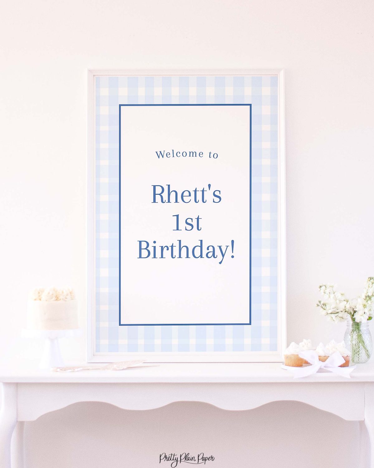 Watercolor Blue Gingham Welcome Sign by Pretty Plain Paper for a Blue Gingham Birthday Party or Baby Shower