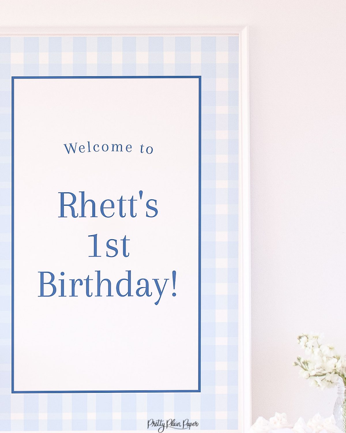 Watercolor Blue Gingham Welcome Sign by Pretty Plain Paper for a Blue Gingham Birthday Party or Baby Shower