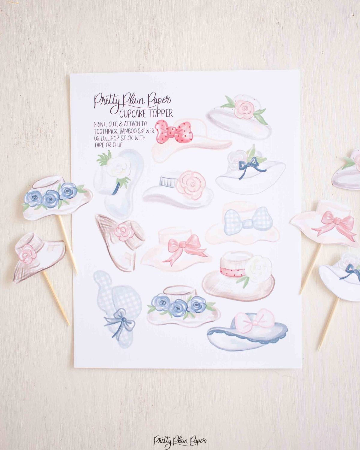 Fancy Hat, Derby Hat Watercolor Cupcake Toppers Party Printable by Pretty Plain Paper