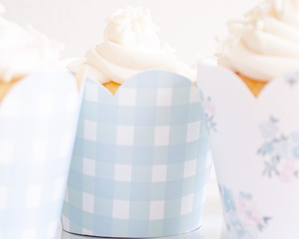 Blue floral and gingham printable cupcake wrappers by Pretty Plain Paper