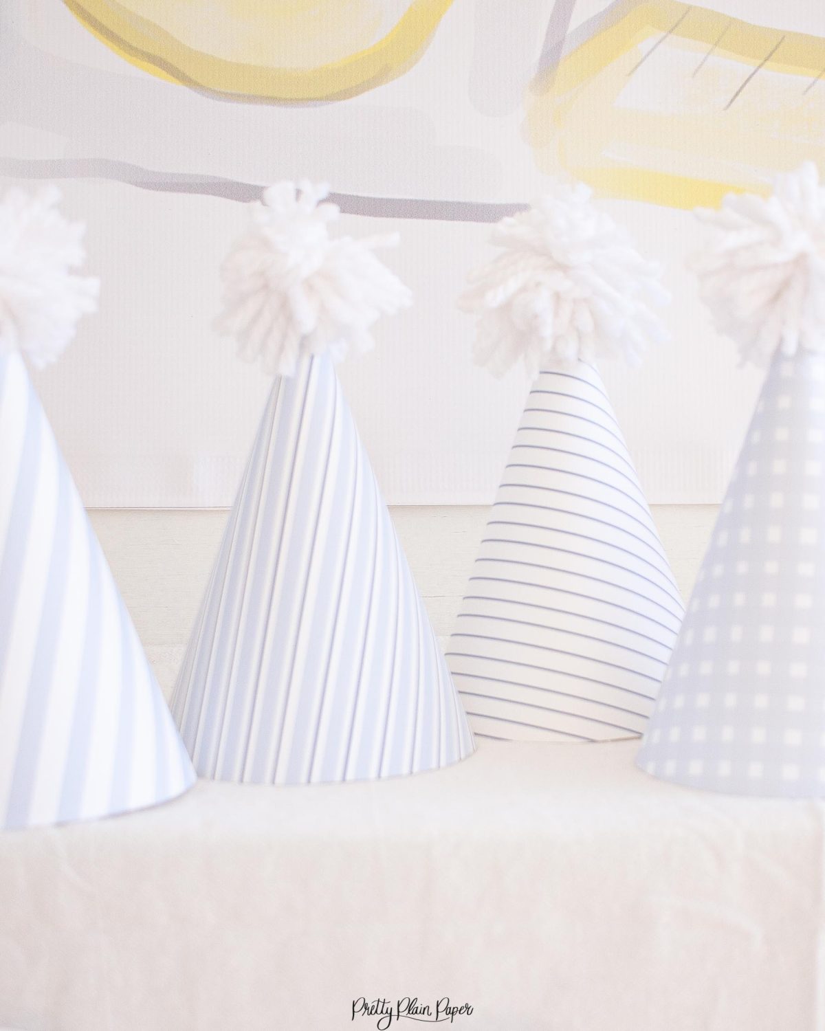 Printable Pattern Party Hats, Blue Gingham and Blue Stripe by Pretty Plain Paper