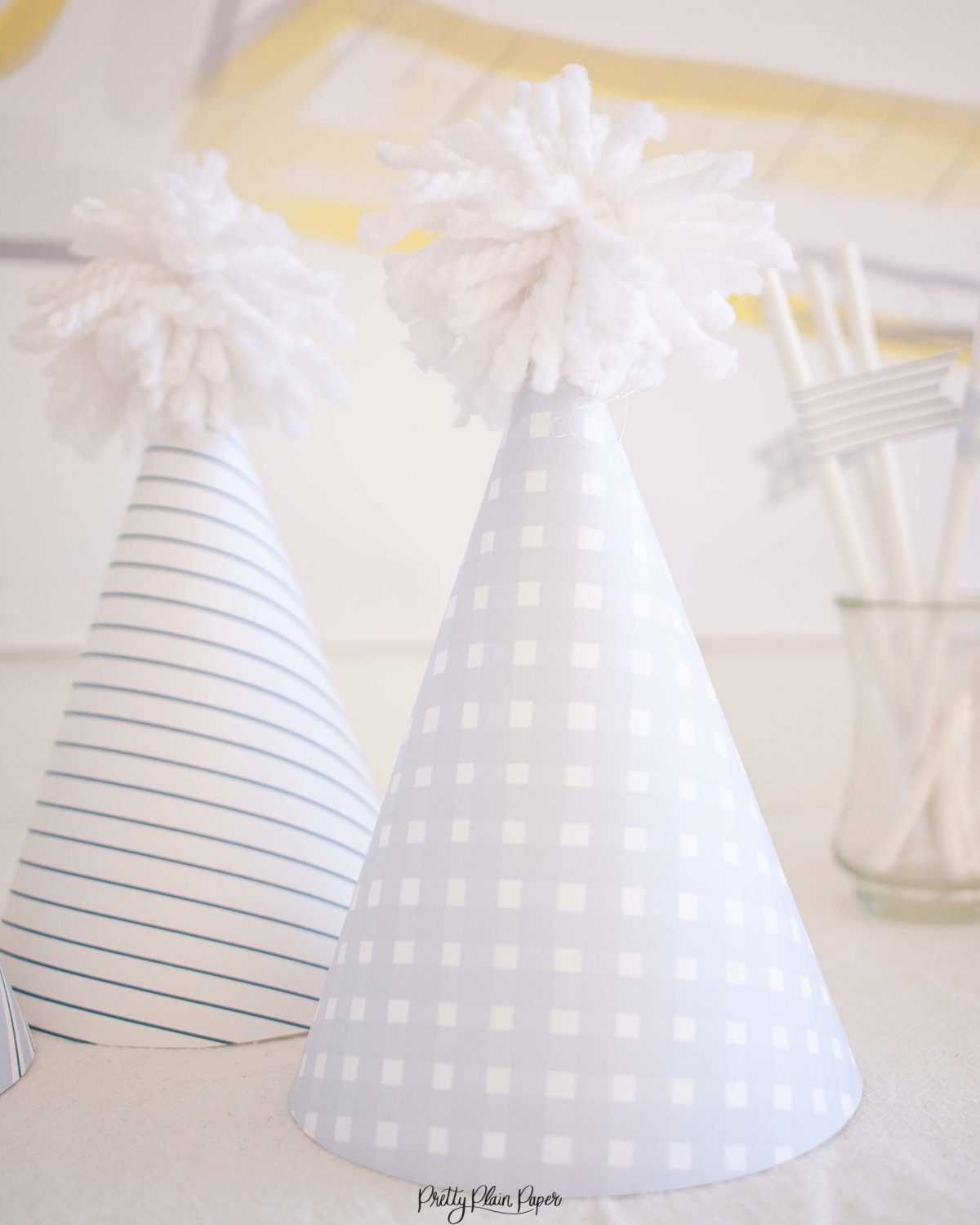 Printable Pattern Party Hats, Blue Gingham and Blue Stripe by Pretty Plain Paper