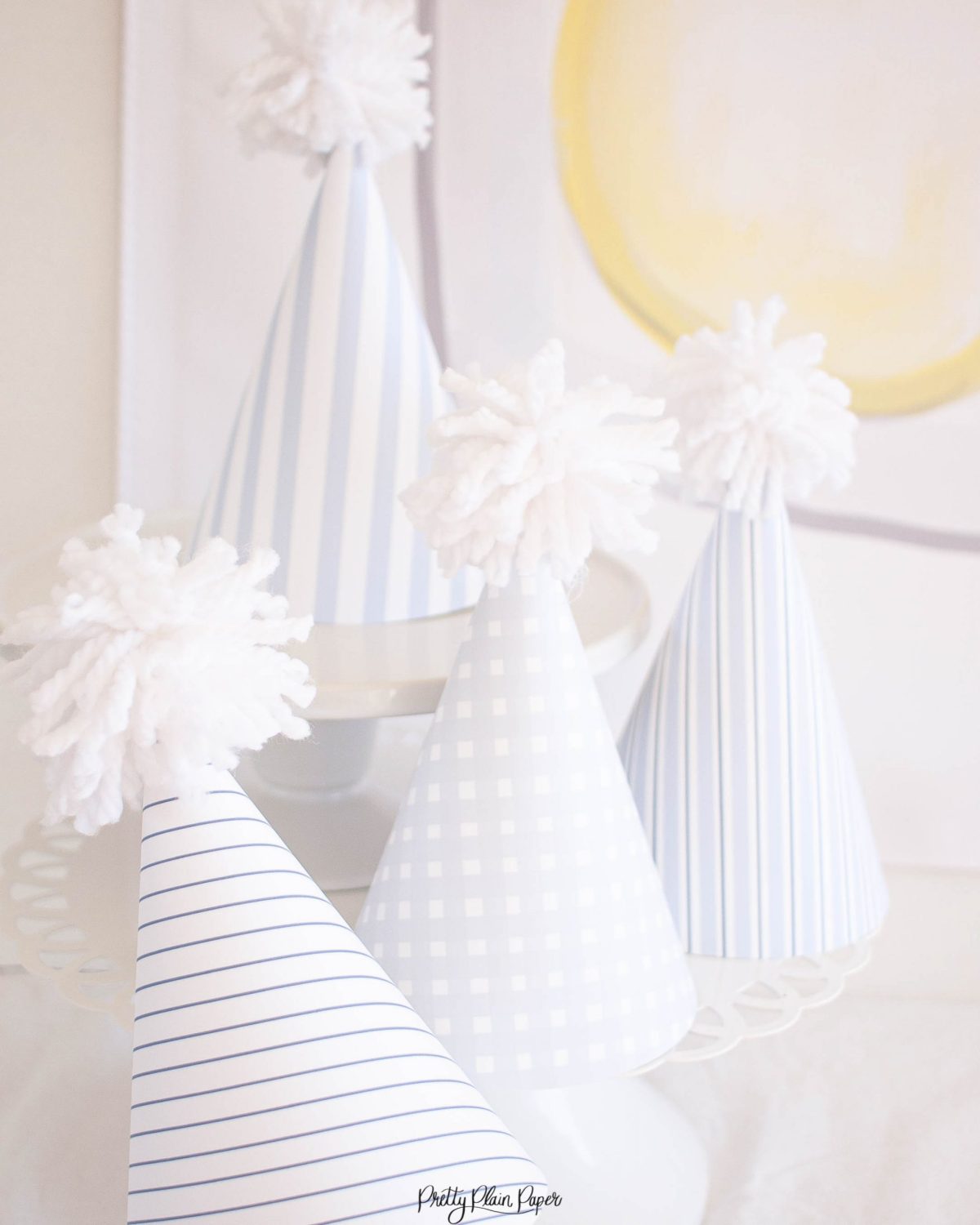 Printable Pattern Party Hats, Blue Gingham and Blue Stripe by Pretty Plain Paper