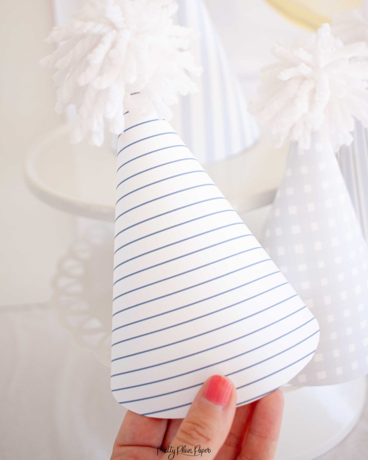 Printable Pattern Party Hats, Blue Gingham and Blue Stripe by Pretty Plain Paper