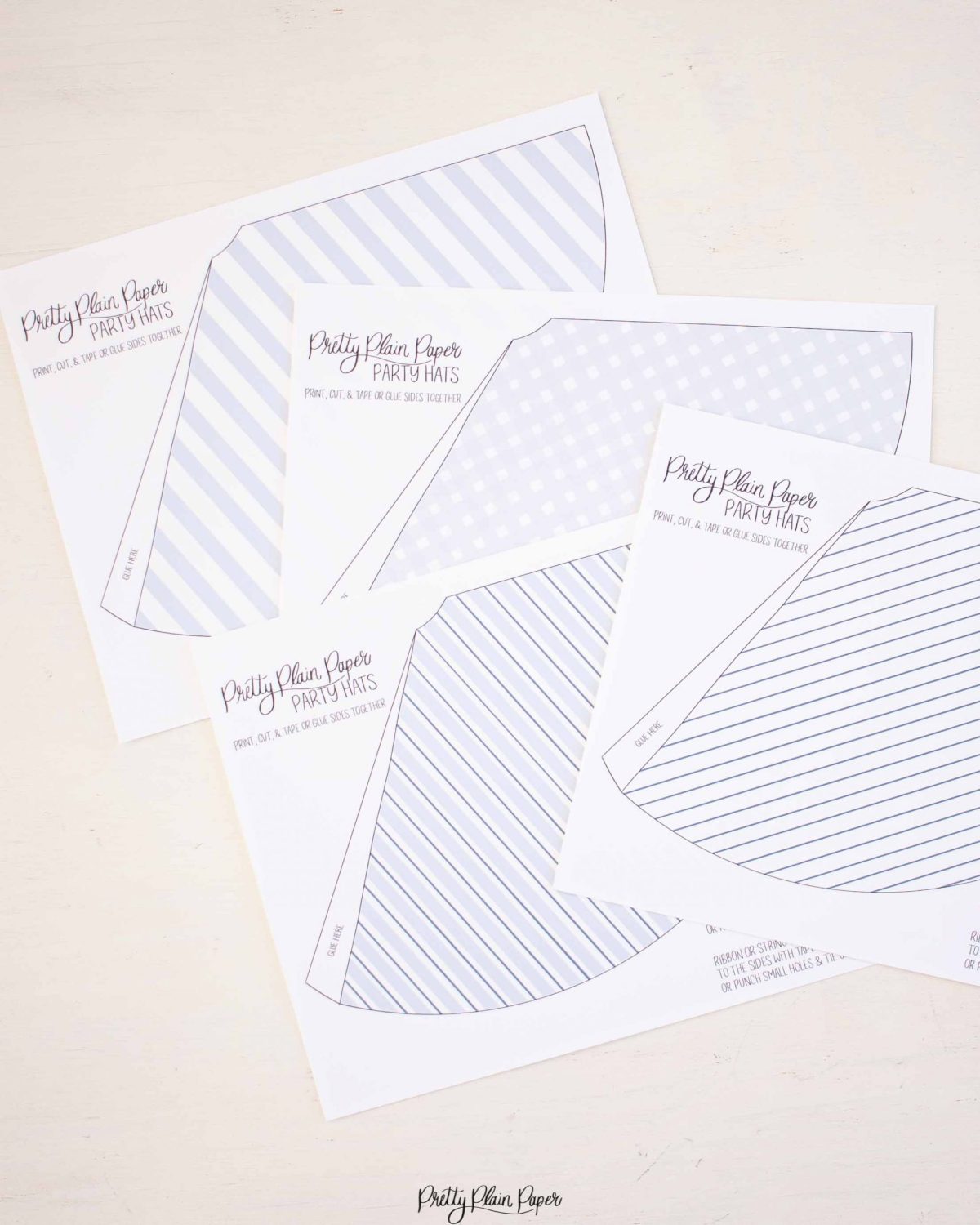 Printable Pattern Party Hats, Blue Gingham and Blue Stripe by Pretty Plain Paper
