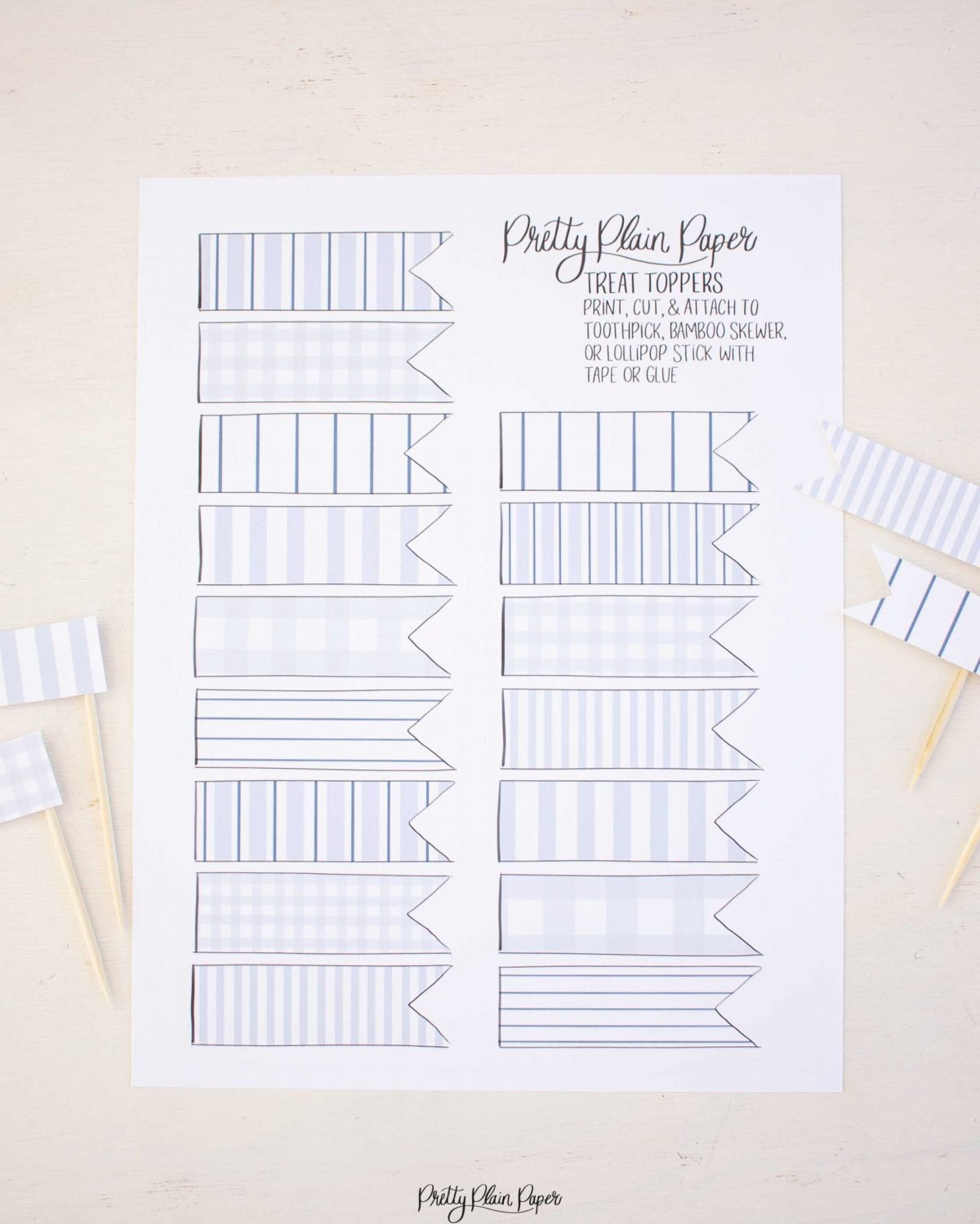 Blue Pattern, Stripe, and Gingham Cupcake Toppers Printable by Pretty Plain Paper