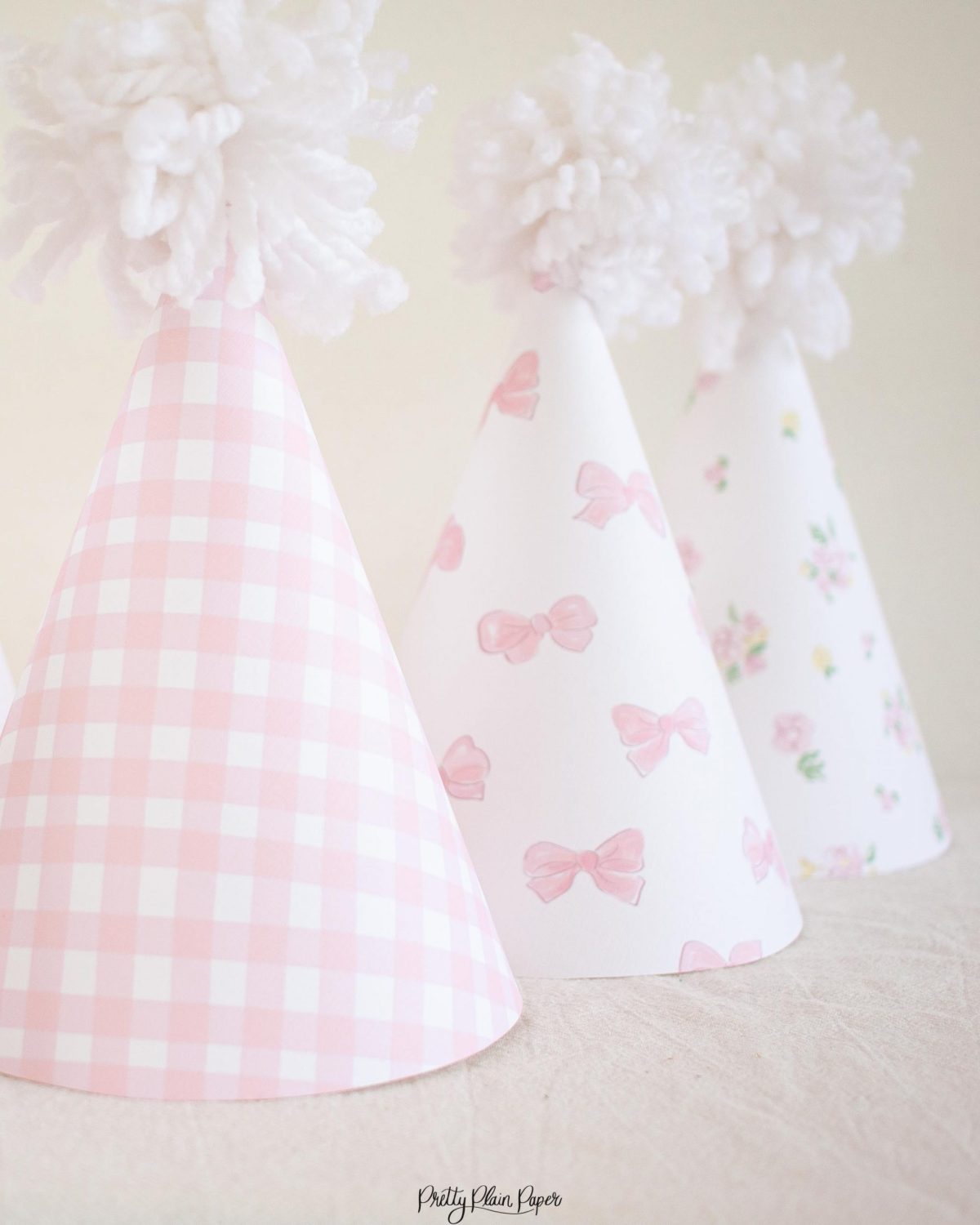 Pink Gingham, Floral and Bow Printable Party Hats by Pretty Plain Paper