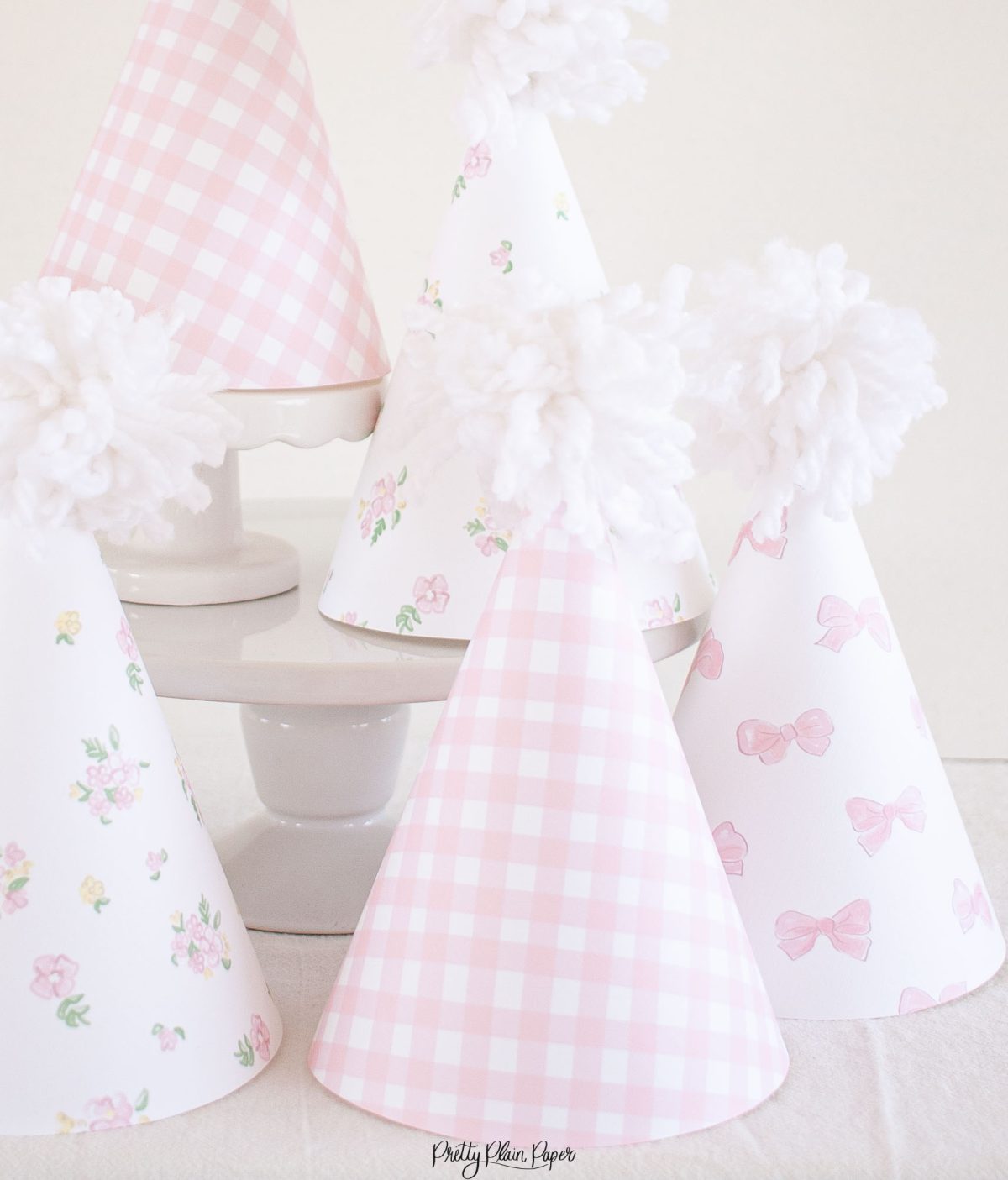 Pink Gingham, Floral and Bow Printable Party Hats by Pretty Plain Paper
