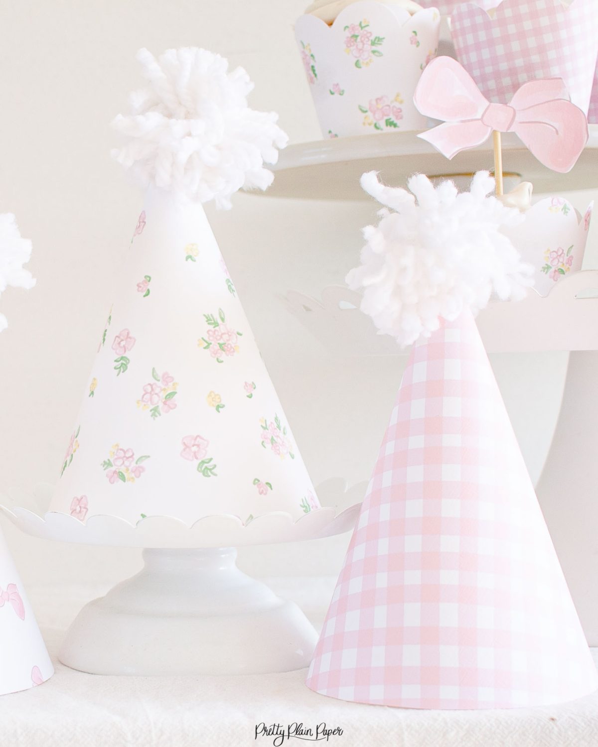 Pink Gingham, Floral and Bow Printable Party Hats by Pretty Plain Paper