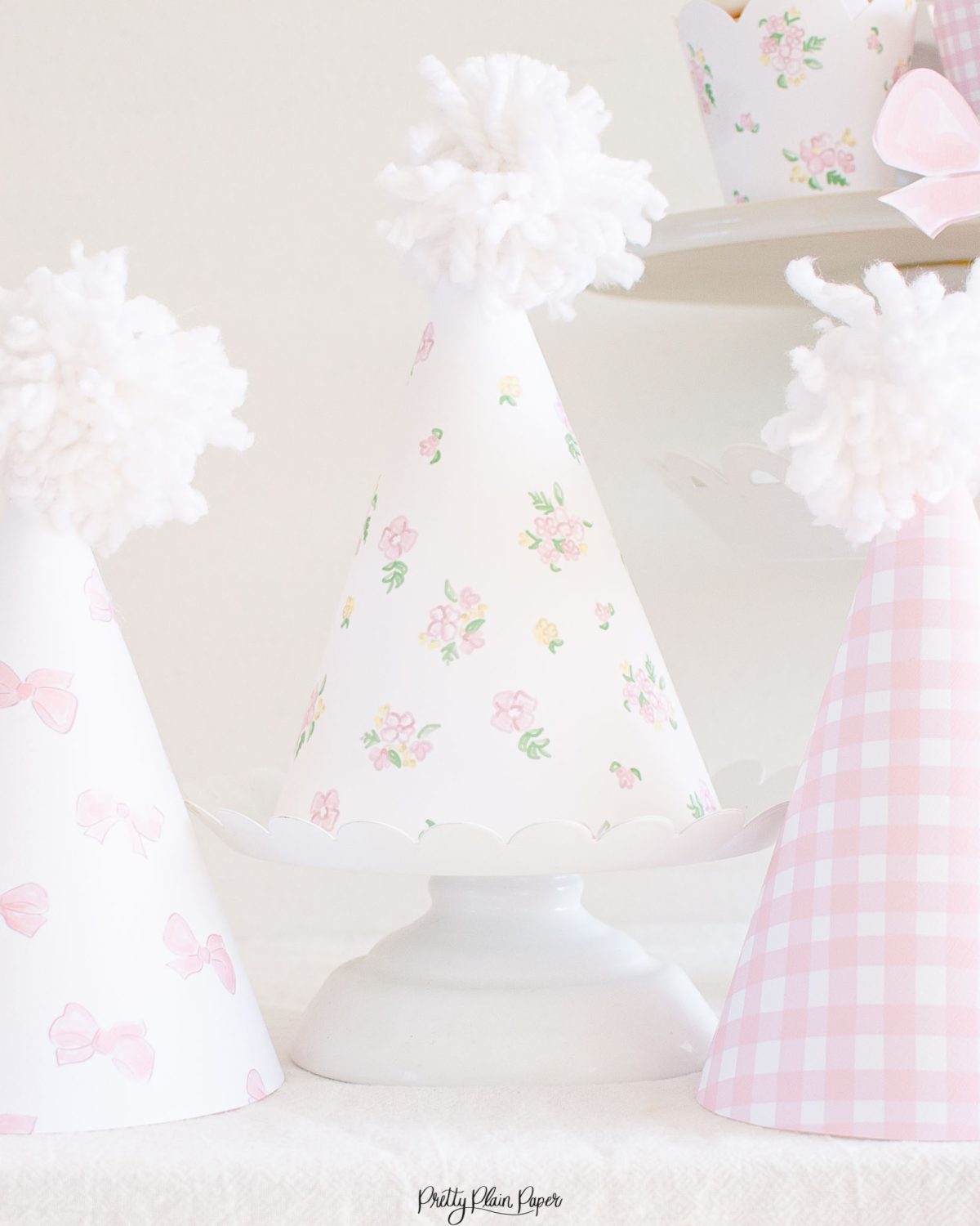 Pink Gingham, Floral and Bow Printable Party Hats by Pretty Plain Paper