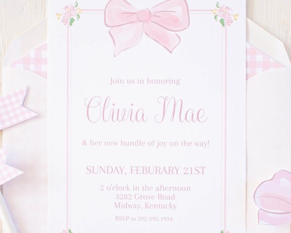 Pink Bow and Floral Watercolor Invitation by Pretty Plain Paper
