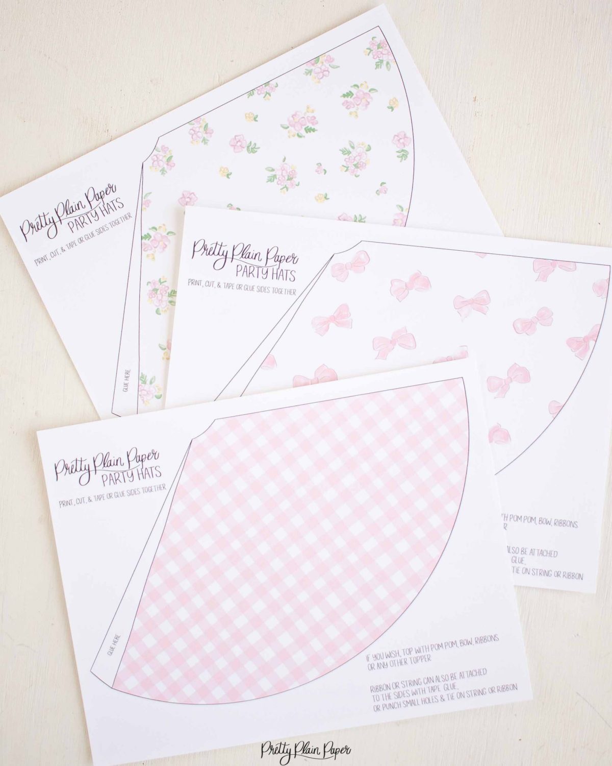 Pink Gingham, Floral and Bow Printable Party Hats by Pretty Plain Paper
