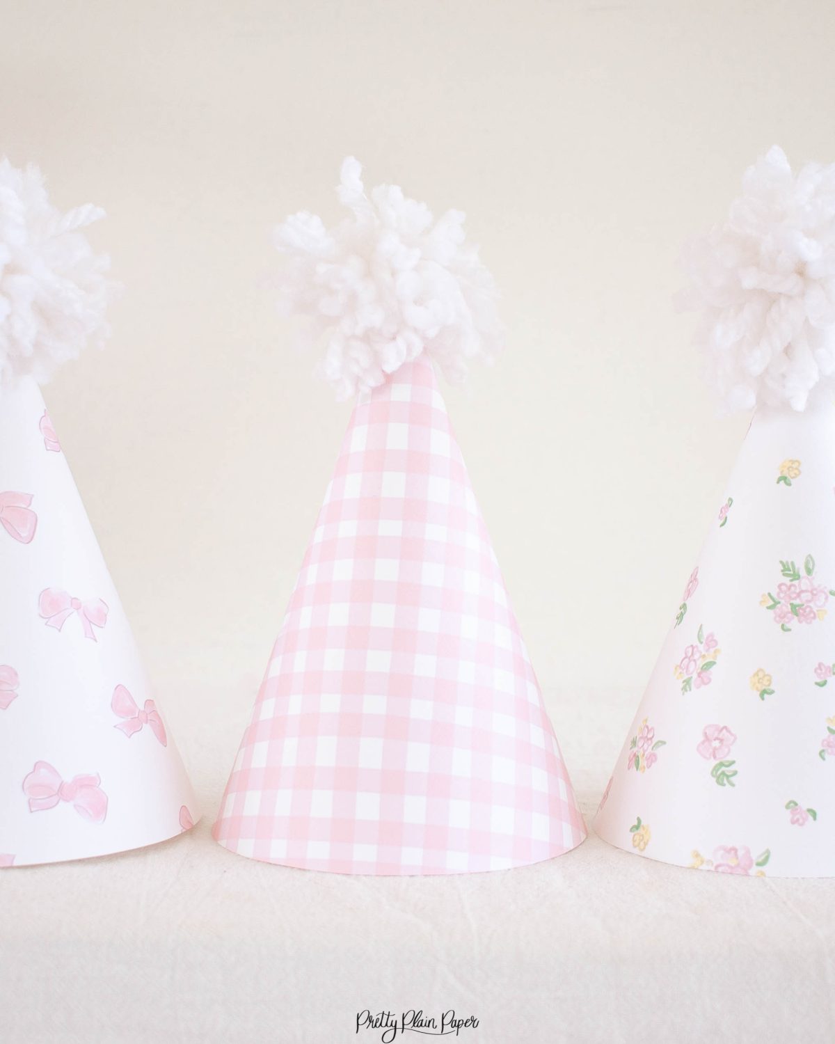 Pink Gingham, Floral and Bow Printable Party Hats by Pretty Plain Paper