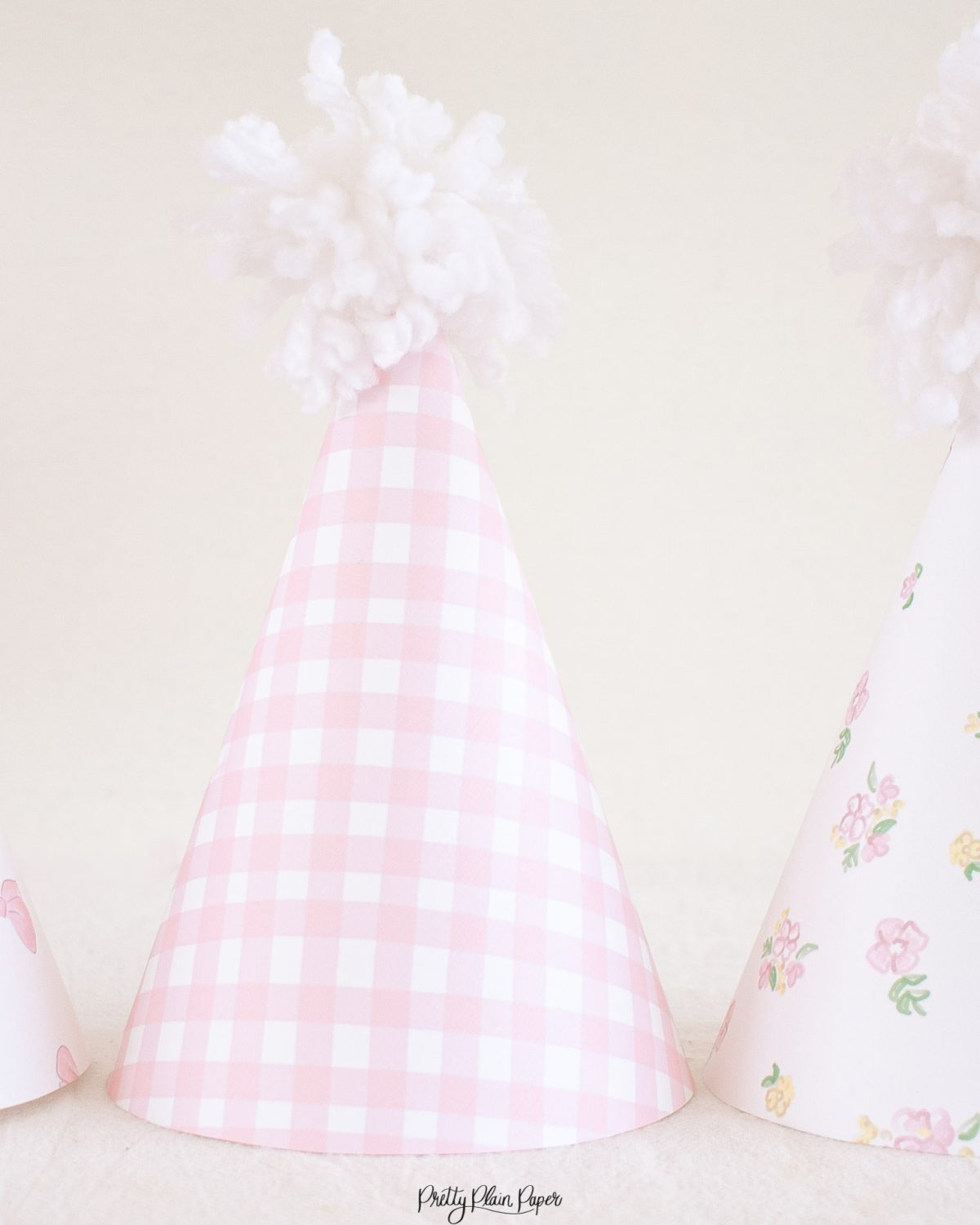 Pink Gingham, Floral and Bow Printable Party Hats by Pretty Plain Paper