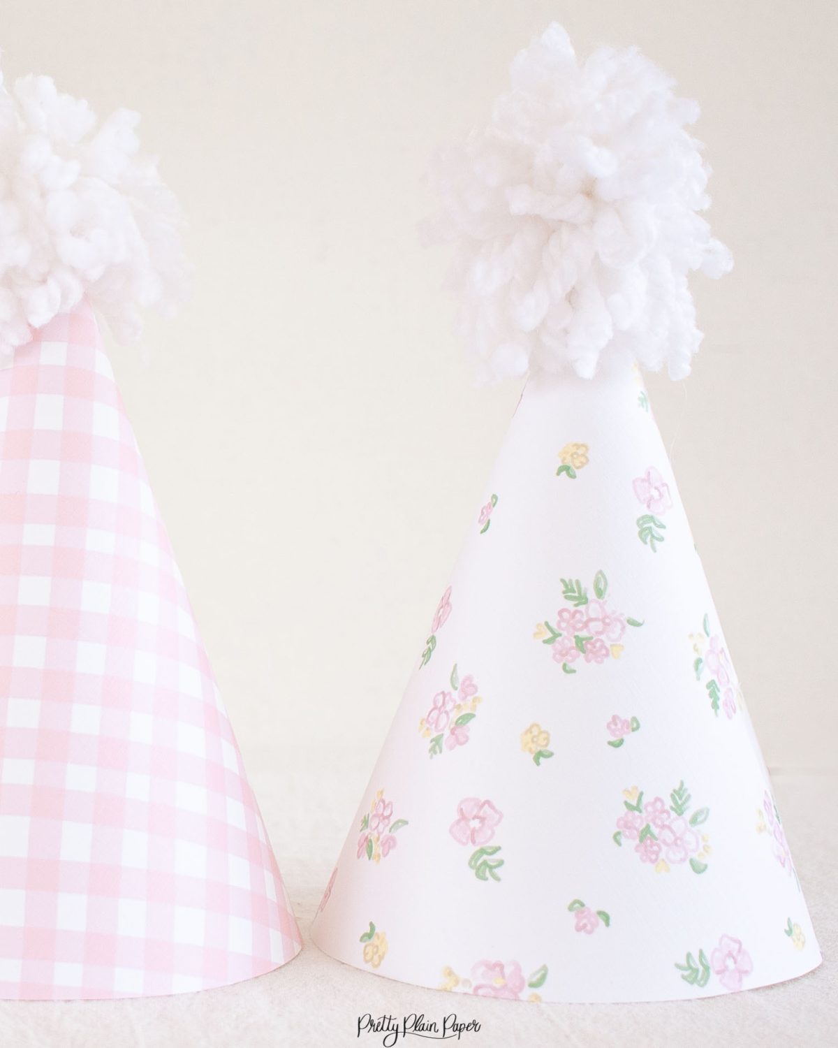 Pink Gingham, Floral and Bow Printable Party Hats by Pretty Plain Paper