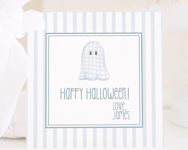 Watercolor Blue Gingham Ghost and Light Blue Stripes Halloween Tag Printable Downloads by Pretty Plain Paper