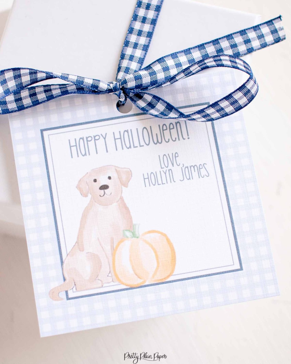 Watercolor Puppies, Pumpkin, and Blue Gingham Halloween Favor, Treat, Gift Tag by Pretty Plain Paper