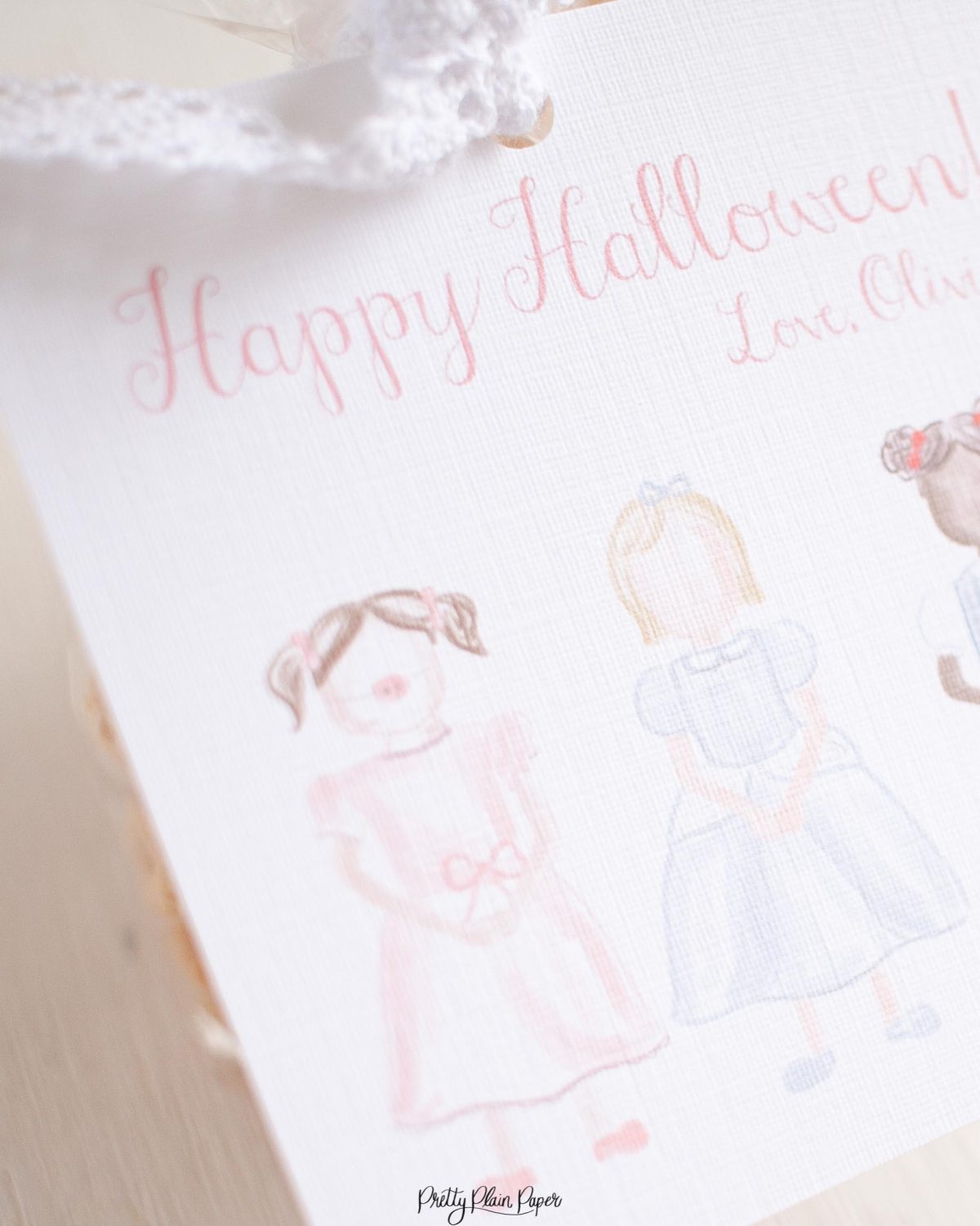 Watercolor Trick or Treaters Little Girls in Costume Halloween Favor, Treat, Gift Tag by Pretty Plain Paper