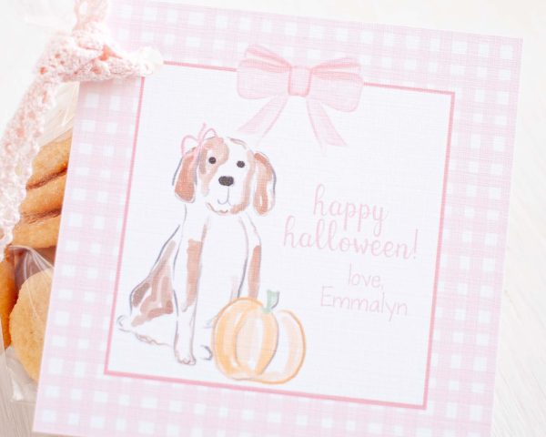 Watercolor Puppies, Pink Pumpkin, and Gingham Halloween Favor, Treat, Gift Tag by Pretty Plain Paper