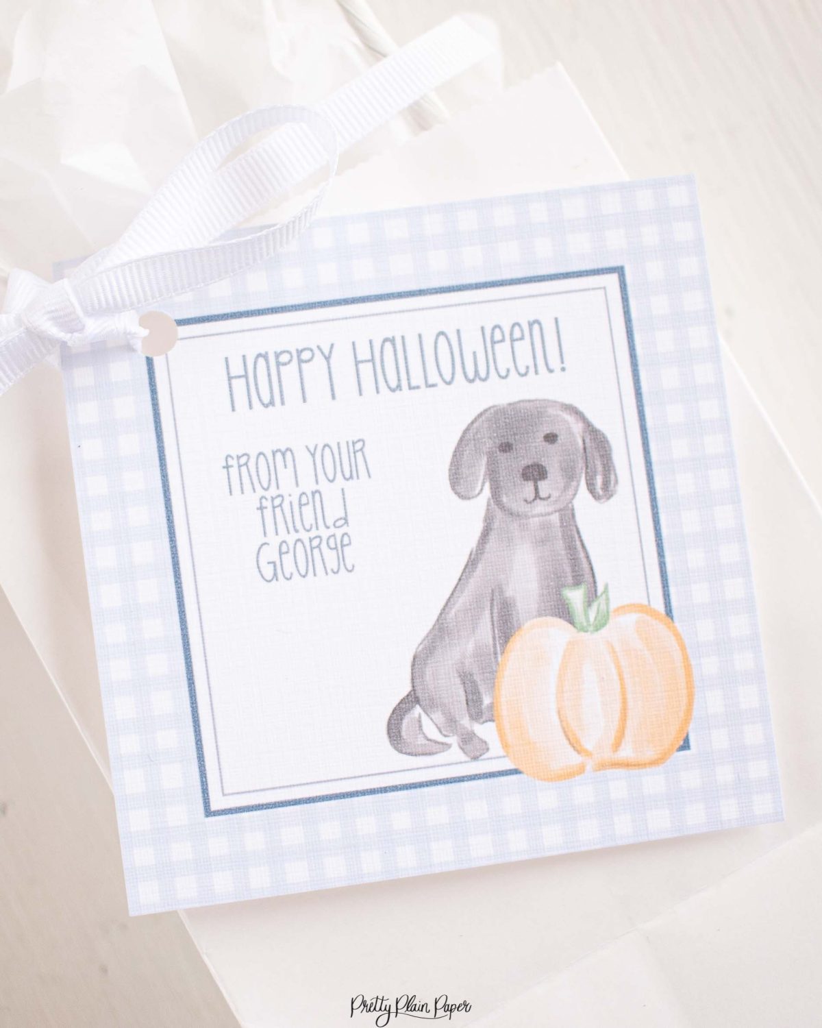 Watercolor Puppies, Pumpkin, and Blue Gingham Halloween Favor, Treat, Gift Tag by Pretty Plain Paper