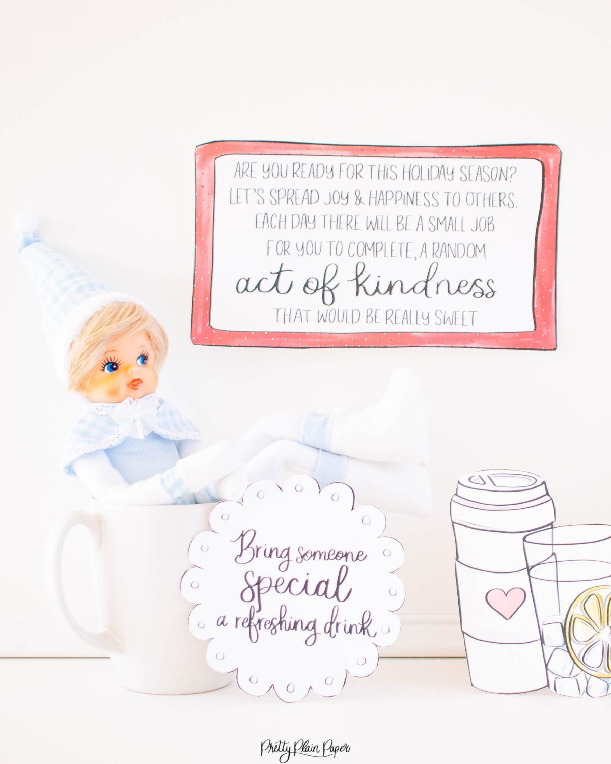 a Complete 25 Day Elf Set by Pretty Plain Paper a Watercolor 25 Days of Kindness Activities & Holiday Traditions with Pink and Blue Elf on the