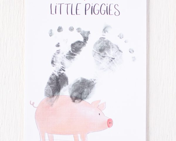 Girly Farm Theme Footprint Card Printable, Newborn Little Piggies for Baby Footprints Watercolor Design by Pretty Plain Paper