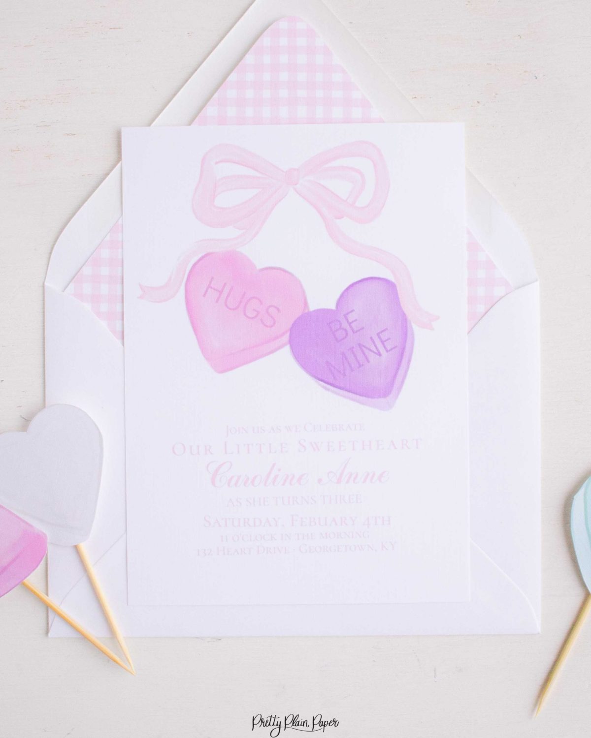 Candy Conversation Heart Party Invitation Printable Download with Watercolor Hearts & other Party Decor Printables by Pretty Plain Paper, Valentine Theme Birthday Party Decor