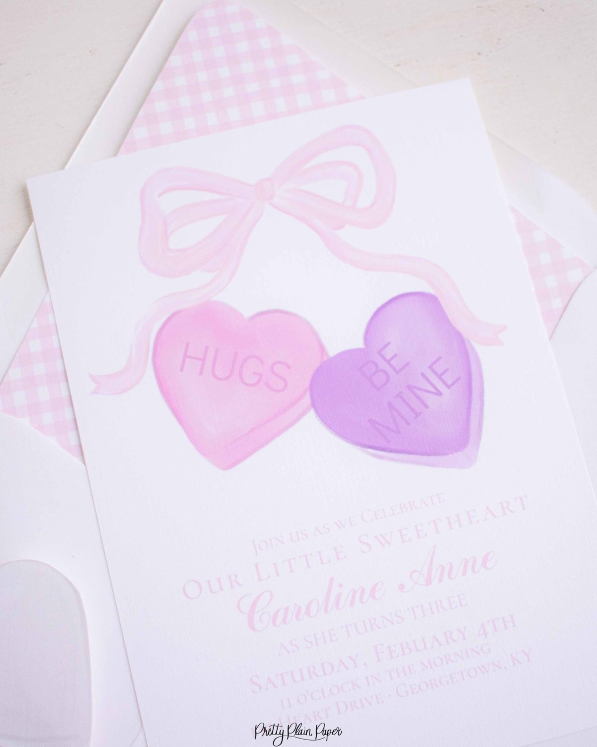 Candy Conversation Heart Party Invitation Printable Download with Watercolor Hearts & other Party Decor Printables by Pretty Plain Paper, Valentine Theme Birthday Party Decor
