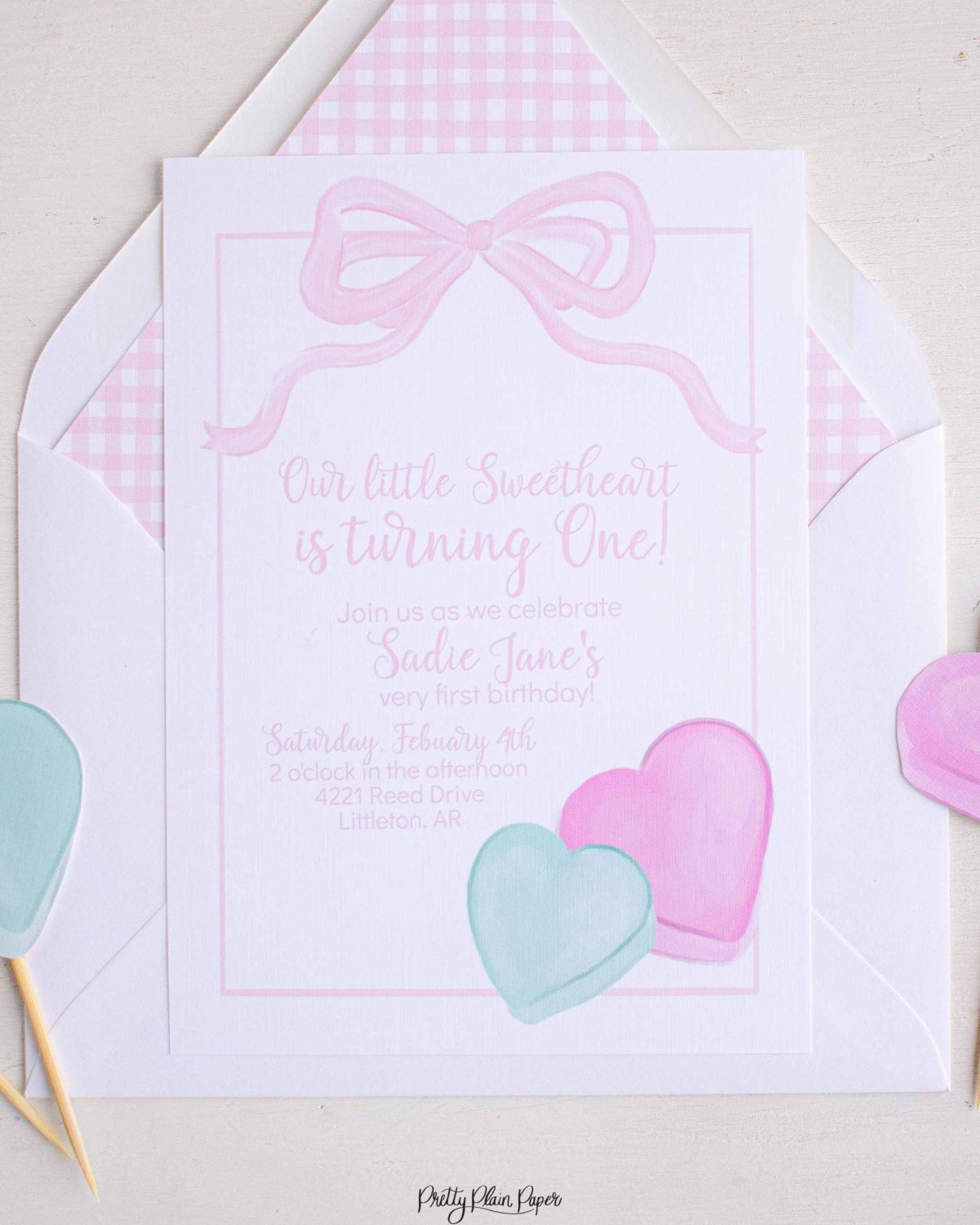 Candy Conversation Heart Party Invitation Printable Download with Watercolor Hearts & other Party Decor Printables by Pretty Plain Paper, Valentine Theme Birthday Party Decor