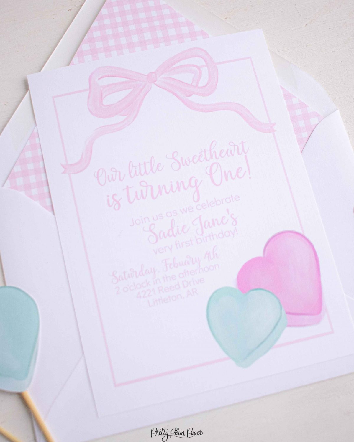 Candy Conversation Heart Party Invitation Printable Download with Watercolor Hearts & other Party Decor Printables by Pretty Plain Paper, Valentine Theme Birthday Party Decor