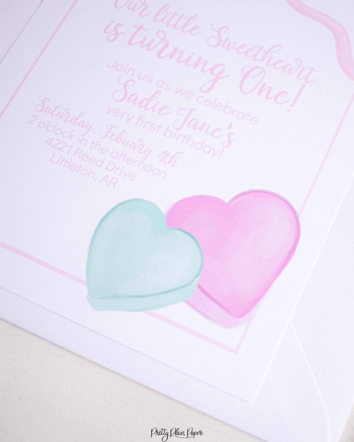 Candy Conversation Heart Party Invitation Printable Download with Watercolor Hearts & other Party Decor Printables by Pretty Plain Paper, Valentine Theme Birthday Party Decor