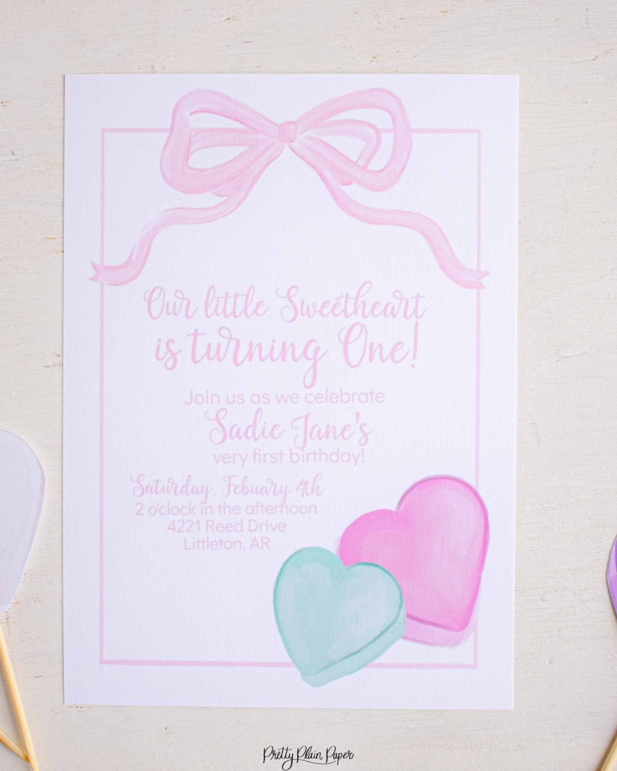 Candy Conversation Heart Party Invitation Printable Download with Watercolor Hearts & other Party Decor Printables by Pretty Plain Paper, Valentine Theme Birthday Party Decor