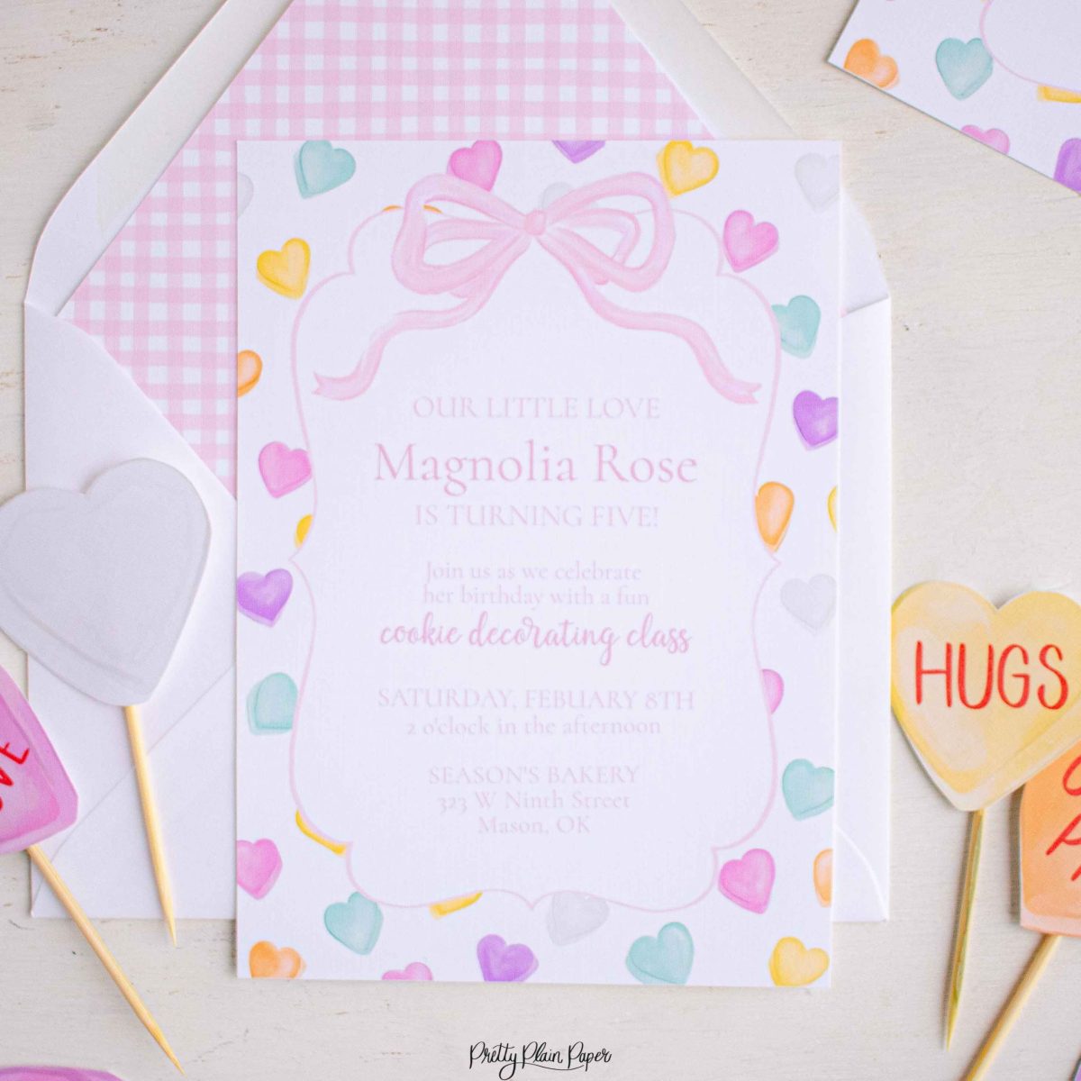 Candy Conversation Heart Party Invitation Printable Download with Watercolor Hearts & other Party Decor Printables by Pretty Plain Paper, Valentine Theme Birthday Party Decor