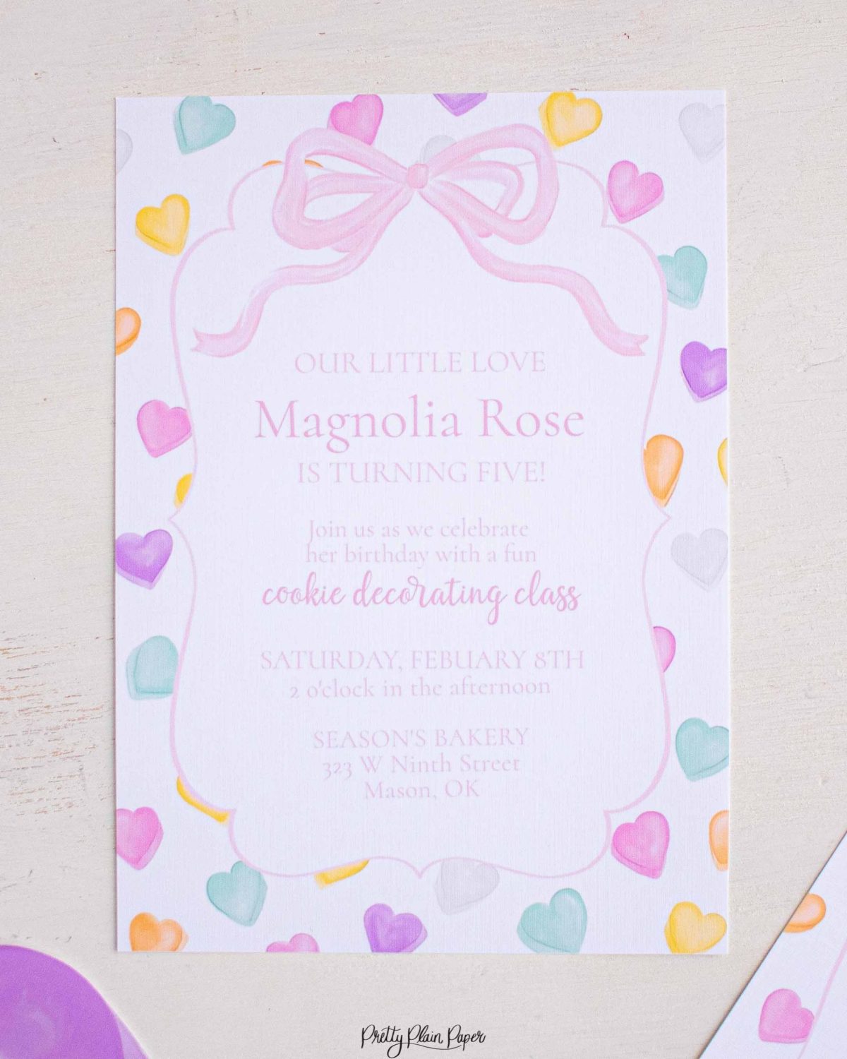 Candy Conversation Heart Party Invitation Printable Download with Watercolor Hearts & other Party Decor Printables by Pretty Plain Paper, Valentine Theme Birthday Party Decor
