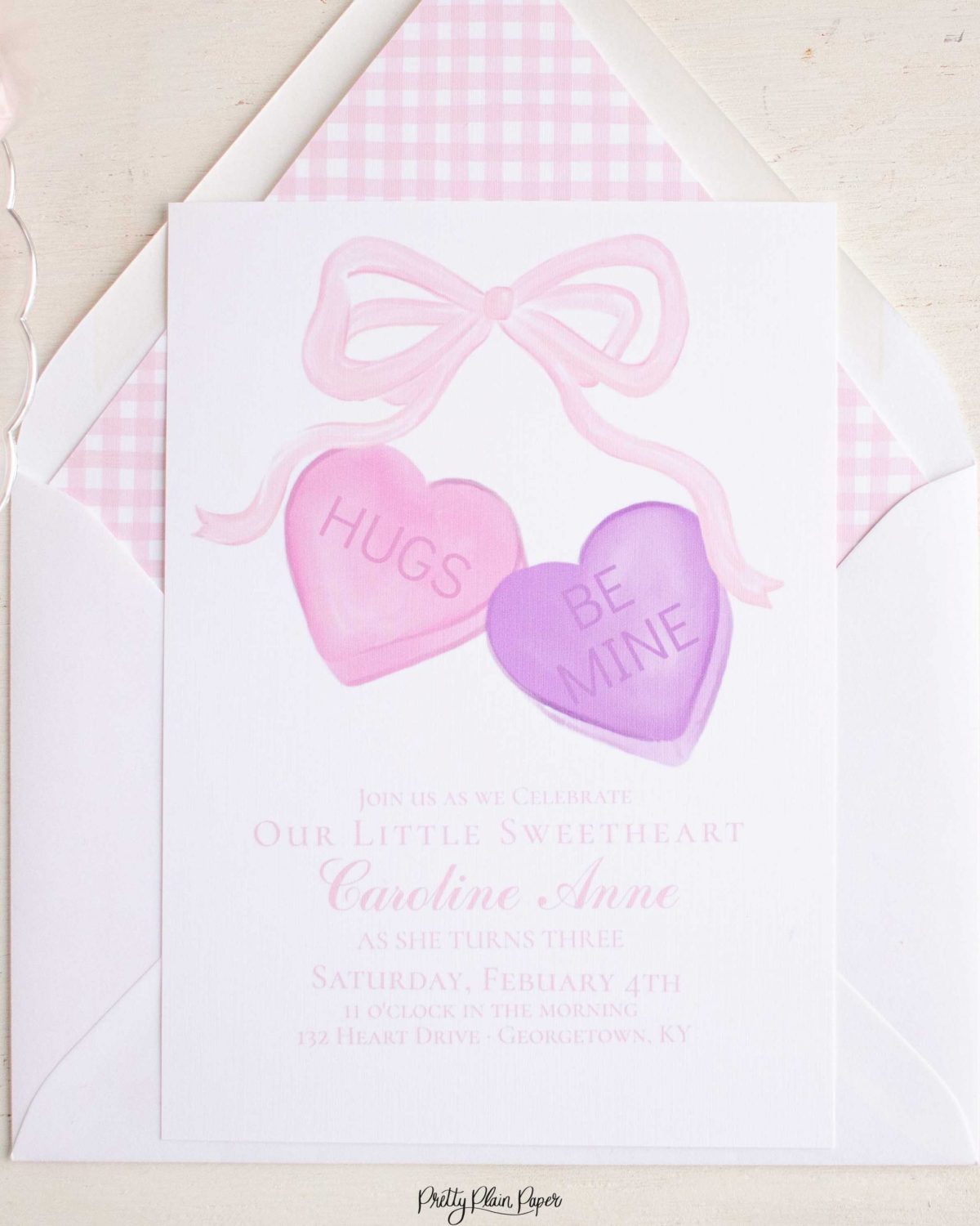 Candy Conversation Heart Party Invitation Printable Download with Watercolor Hearts & other Party Decor Printables by Pretty Plain Paper, Valentine Theme Birthday Party Decor
