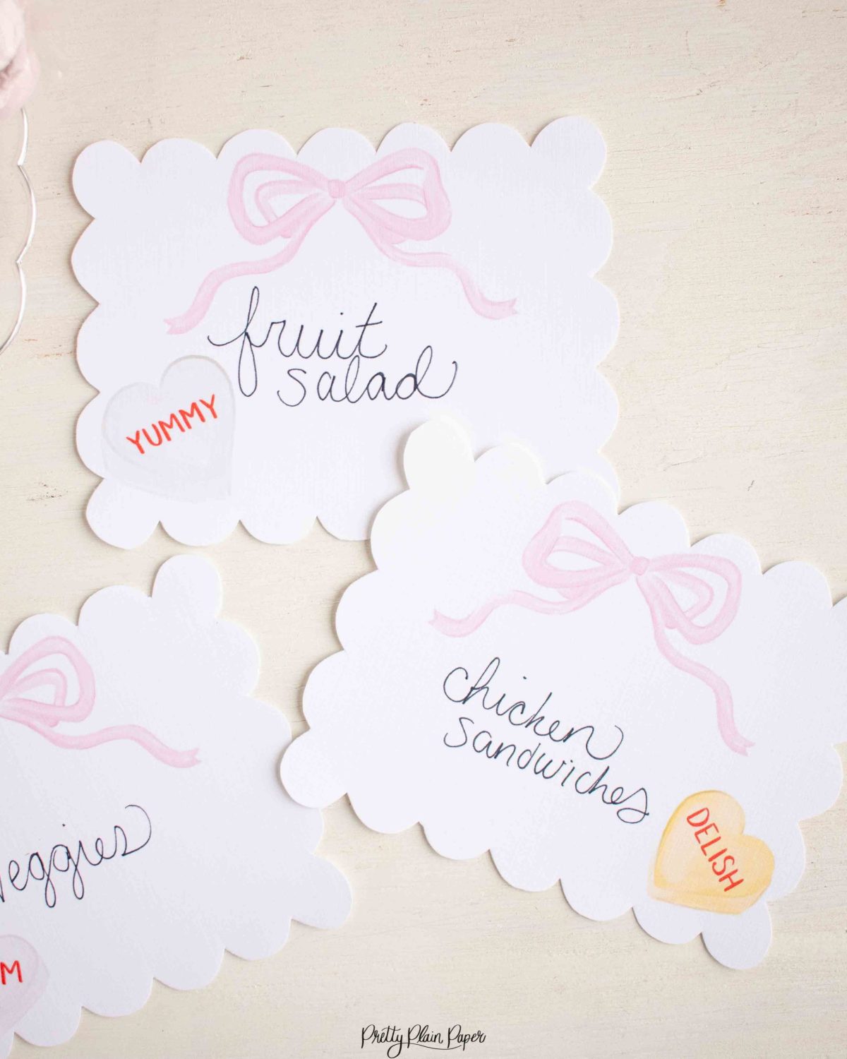 Candy Conversation Heart Party Food and Beverage Labels Printable Download with Watercolor Hearts & other Party Decor Printables by Pretty Plain Paper, Valentine Theme Birthday Party Decor