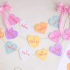Candy Conversation Heart Pattern First Birthday Milestone Photo Banner Printable Download with Watercolor Hearts by Pretty Plain Paper, Valentine Theme Birthday Party Decor