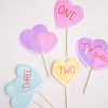 Candy Conversation Heart Party Cake Toppers Printable Download with Watercolor Hearts & other Party Decor Printables by Pretty Plain Paper, Valentine Theme Birthday Party Decor