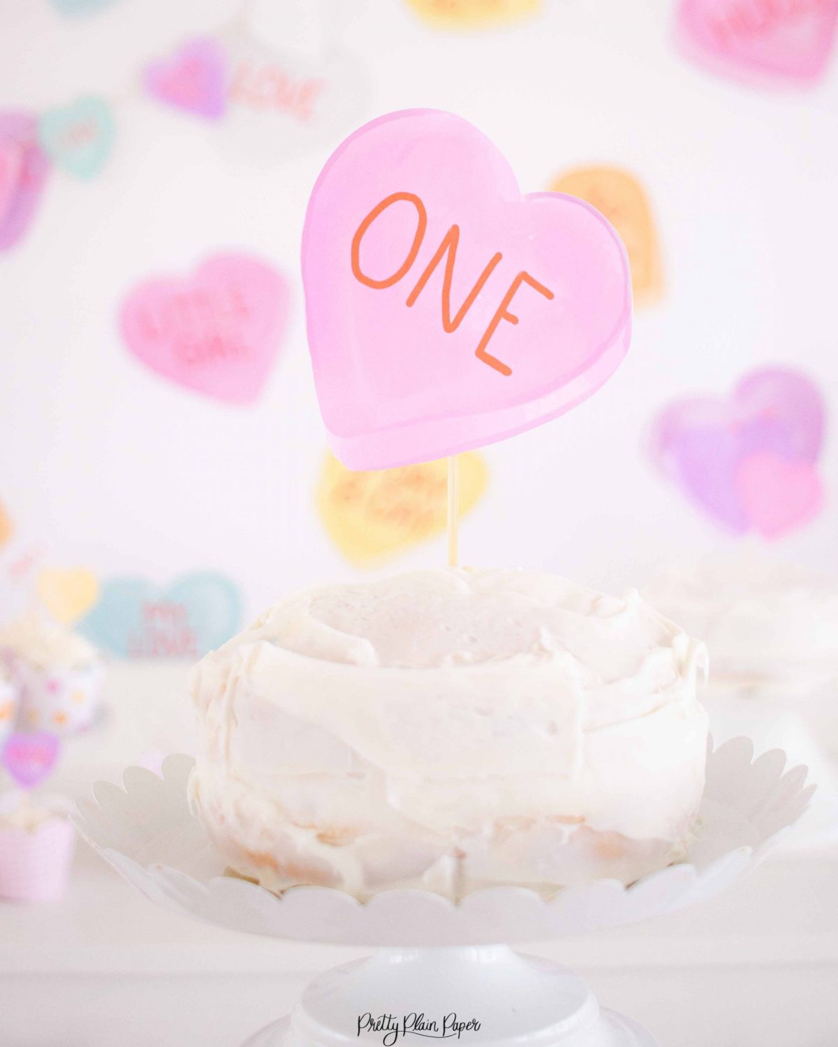 Candy Conversation Heart Party Cake Toppers Printable Download with Watercolor Hearts & other Party Decor Printables by Pretty Plain Paper, Valentine Theme Birthday Party Decor