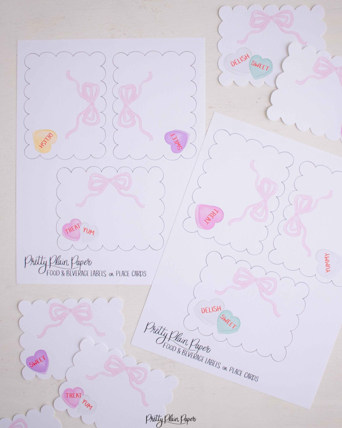 Candy Conversation Heart Party Food and Beverage Labels Printable Download with Watercolor Hearts & other Party Decor Printables by Pretty Plain Paper, Valentine Theme Birthday Party Decor