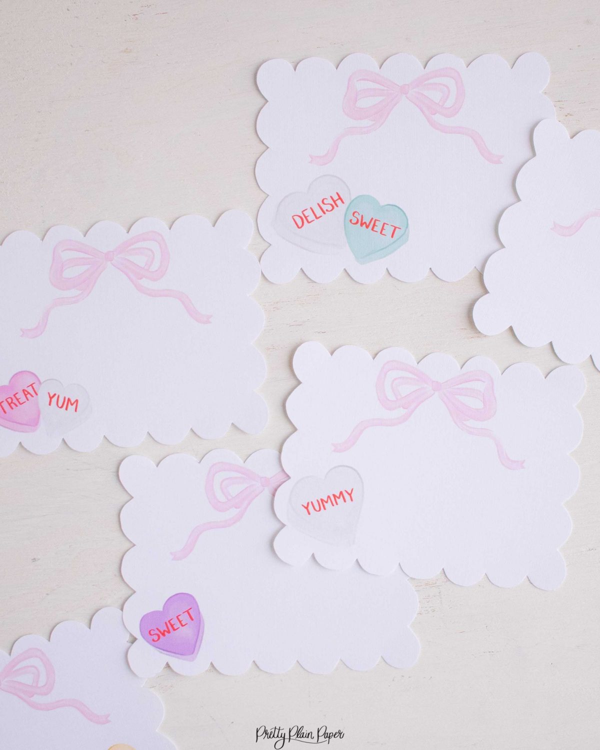 Candy Conversation Heart Party Food and Beverage Labels Printable Download with Watercolor Hearts & other Party Decor Printables by Pretty Plain Paper, Valentine Theme Birthday Party Decor