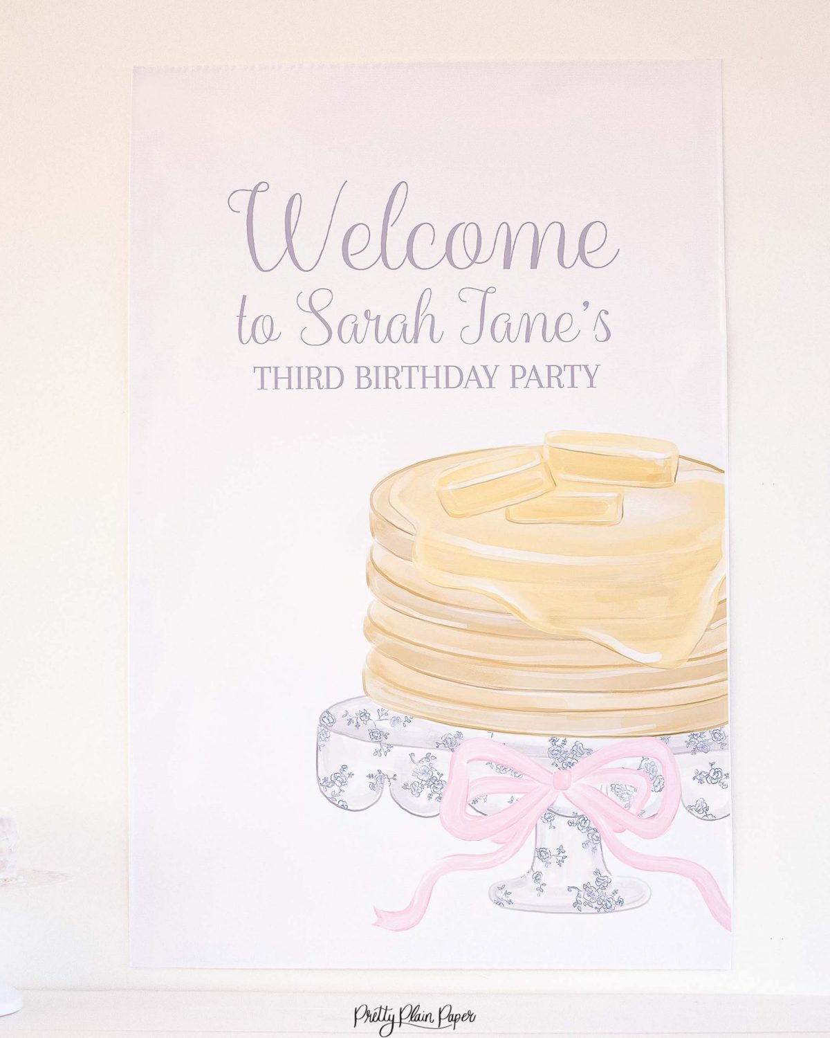 Watercolor Pancakes & Pajamas Welcome Sign by Pretty Plain Paper for a Pancakes and Pajamas Party