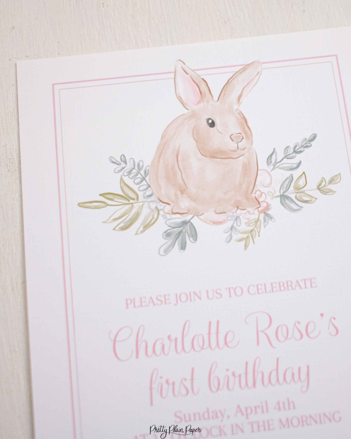 Watercolor Pink Bunny Invitation by Pretty Plain Paper for a Some Bunny is One Birthday Party or a Bunny Birthday Theme