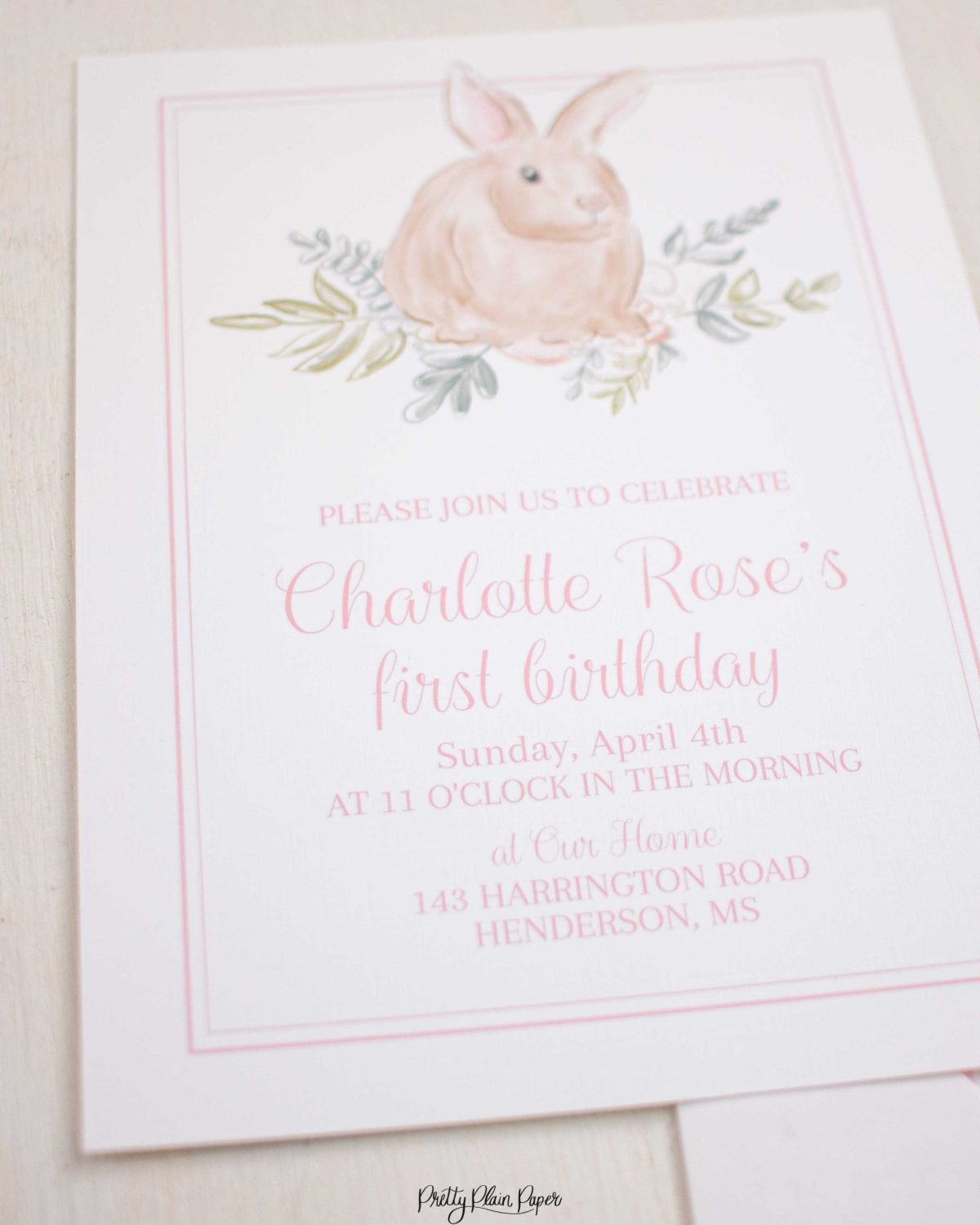 Watercolor Pink Bunny Invitation by Pretty Plain Paper for a Some Bunny is One Birthday Party or a Bunny Birthday Theme