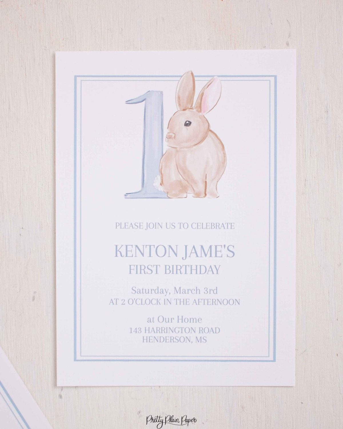 Watercolor Blue Bunny Invitation by Pretty Plain Paper for a Some Bunny is One Birthday Party or a Bunny Birthday Theme
