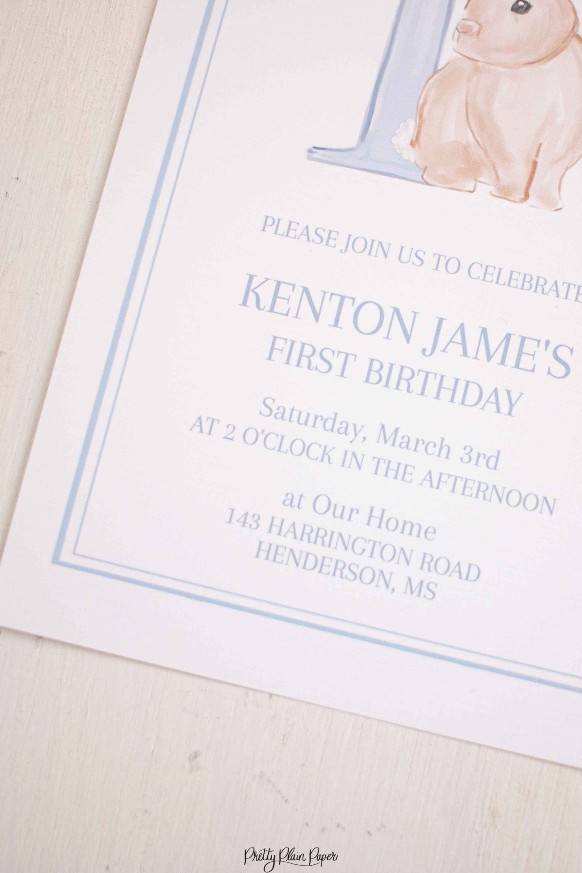 Watercolor Blue Bunny Invitation by Pretty Plain Paper for a Some Bunny is One Birthday Party or a Bunny Birthday Theme