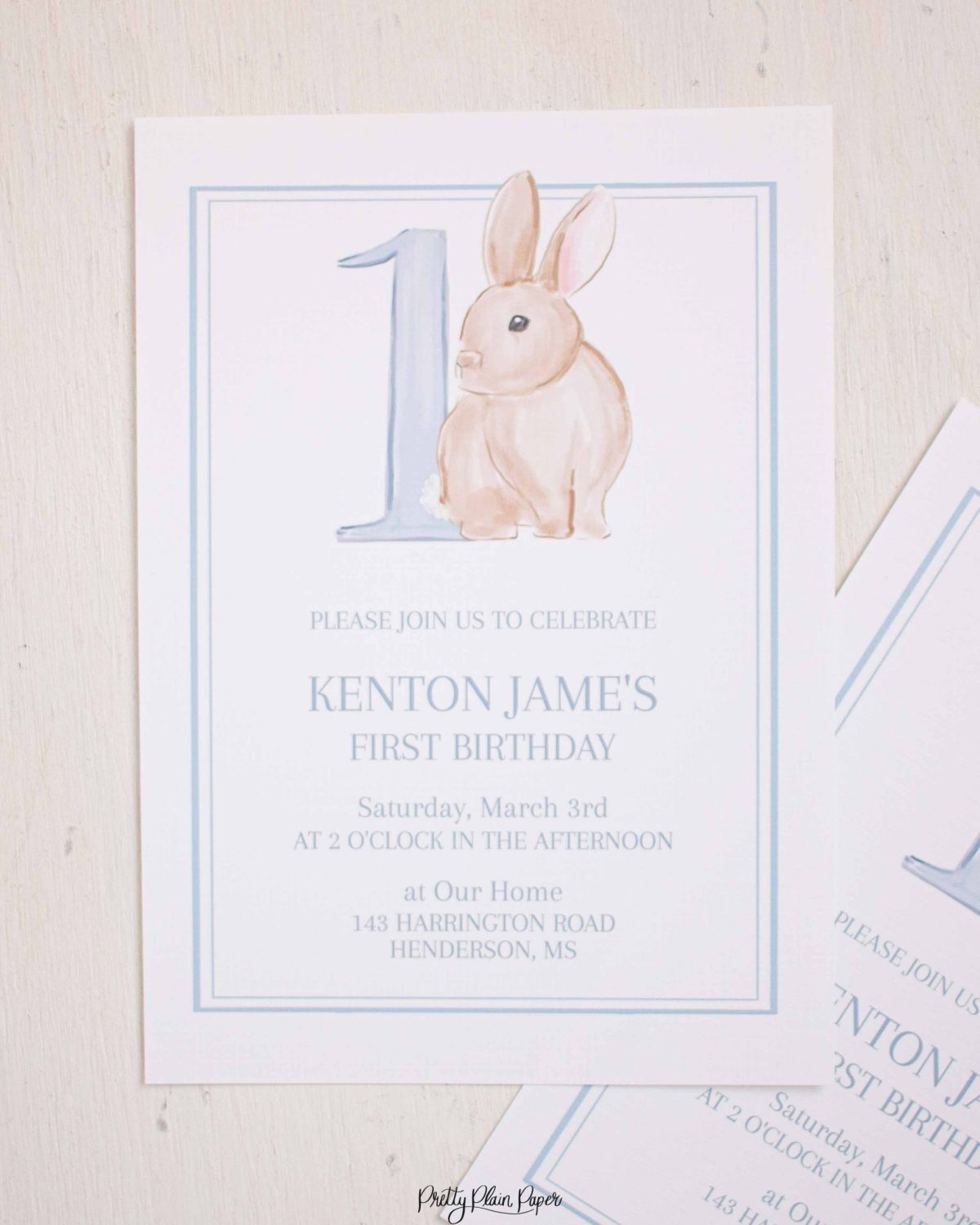 Watercolor Blue Bunny Invitation by Pretty Plain Paper for a Some Bunny is One Birthday Party or a Bunny Birthday Theme