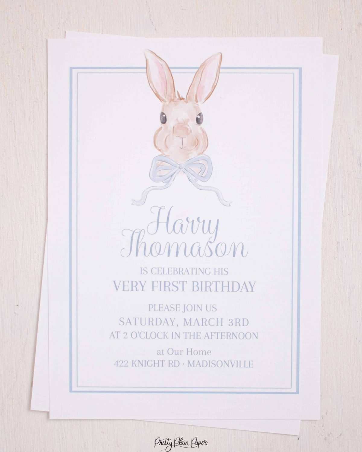 Watercolor Blue Bunny Invitation by Pretty Plain Paper for a Some Bunny is One Birthday Party or a Bunny Birthday Theme